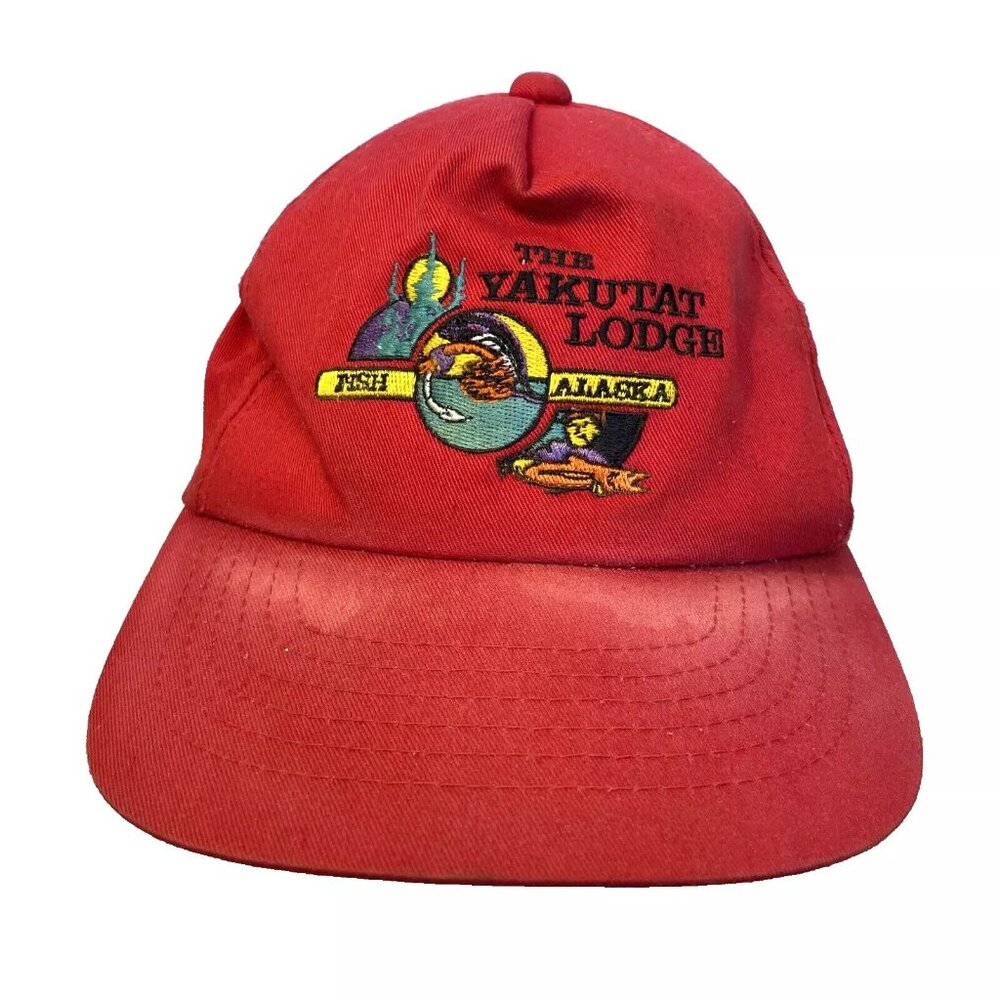 PCT The Yakutat Lodge Fish Alaska Snapback Red Hat Cap STAINED